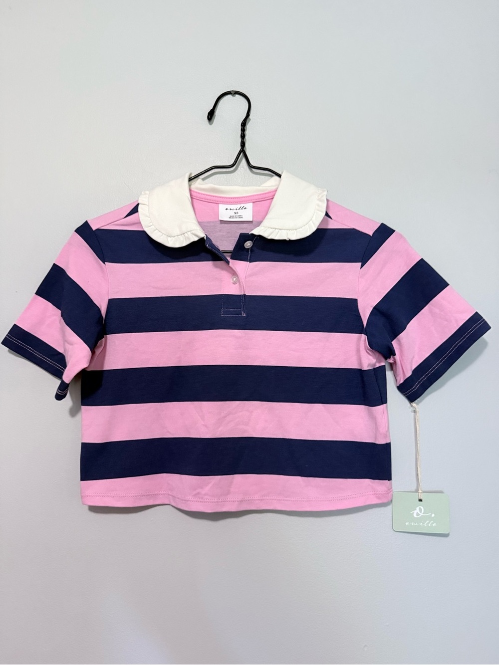 NWT Striped Pink & Navy Ruffle-Collar Cropped Polo Top